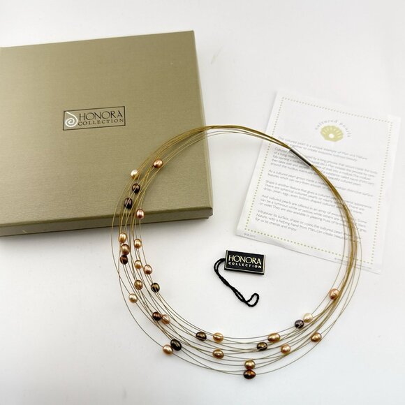 Honora Pearl Necklace Illusion Wire Gold Tone Peach Brown Oval Multi Strand Box - Picture 1 of 14